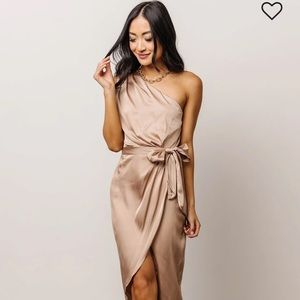 Celia One Shoulder Midi Dress - Champagne Silk Material